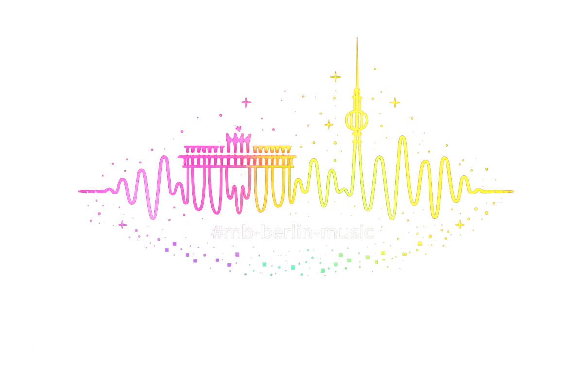 Illustration einer Stadtsilhouette mit einem stilisierten Schallwellenmuster in Rosa und Gelb auf wei&szlig;em Hintergrund.