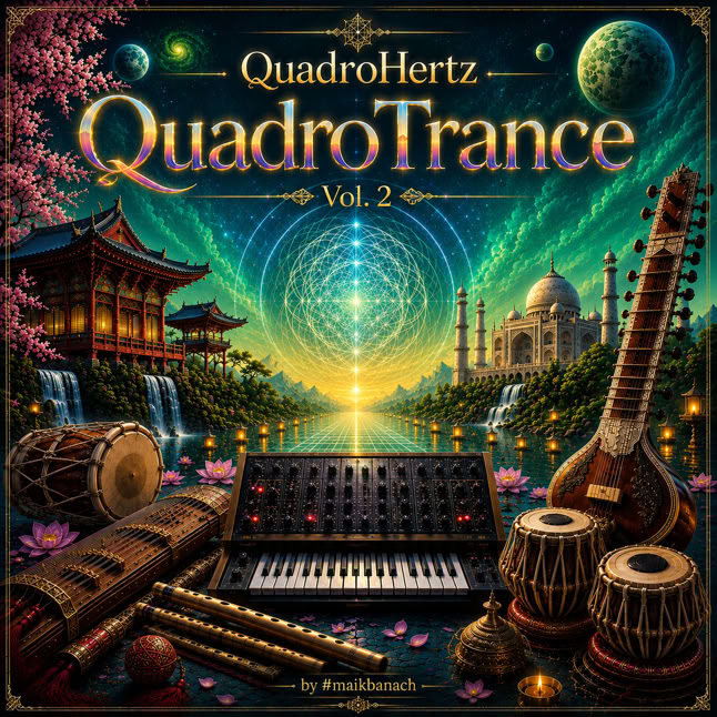Ein Cover mit Musikinstrumenten wie Trommeln und Saiteninstrumenten, einem Synthesizer, einem Tempel, einem Palast und einem leuchtenden Himmel mit Planeten und Sternen.