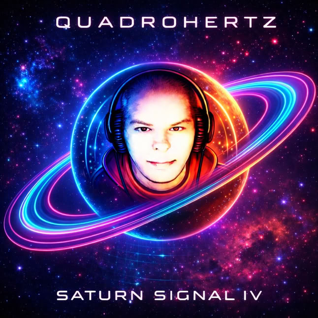 Illustration eines Gesichts mit Kopfh&ouml;rern in einem leuchtenden Saturnring vor einem bunten, galaktischen Hintergrund. Oben steht "QUADROHERTZ" und unten "SATURN SIGNAL IV".