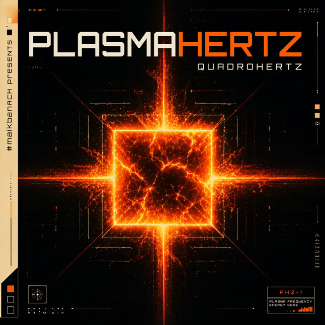 Ein leuchtendes, orangefarbenes, quadratisches Muster in der Mitte mit dem Text "PLASMAHERTZ" und "QUADROHERTZ" oben.