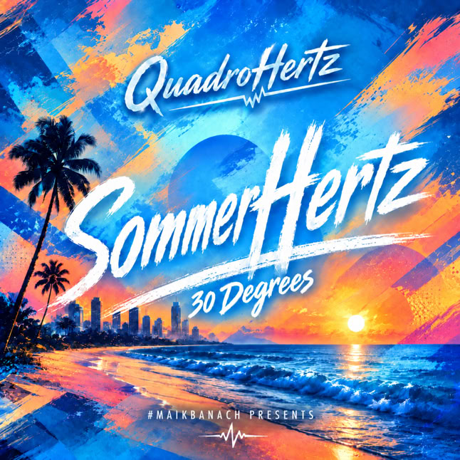 Buntes Cover mit Palmen, Strand, Sonnenuntergang und der Aufschrift "QuadroHertz SommerHertz 30 Degrees".