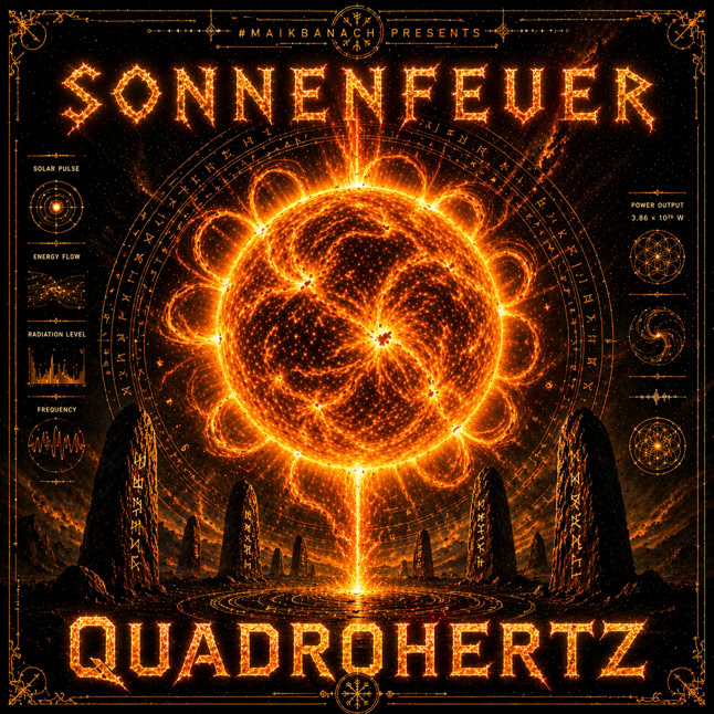 Ein leuchtendes, stilisiertes Sonnenmotiv in der Mitte, umgeben von mystischen Symbolen und Steins&auml;ulen, mit den Worten "Sonnenfeuer" und "Quadrohertz" in leuchtenden Buchstaben.