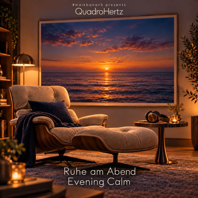Gem&uuml;tlicher Wohnraum mit Sessel, Beistelltisch und gro&szlig;em Bild eines Sonnenuntergangs &uuml;ber dem Meer an der Wand.