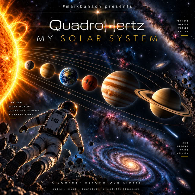 Ein Astronaut schwebt im Weltraum vor einer Darstellung des Sonnensystems mit Planeten und der Sonne, umgeben von Sternen und Galaxien.