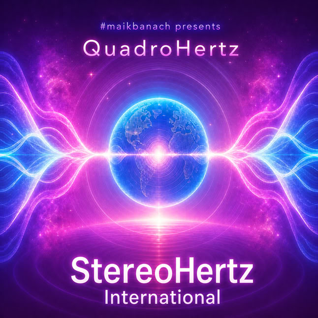 Ein leuchtender blauer Planet in der Mitte mit violetten und blauen Wellen, die sich nach au&szlig;en erstrecken, umgeben von Text: "QuadroHertz" und "StereoHertz International".