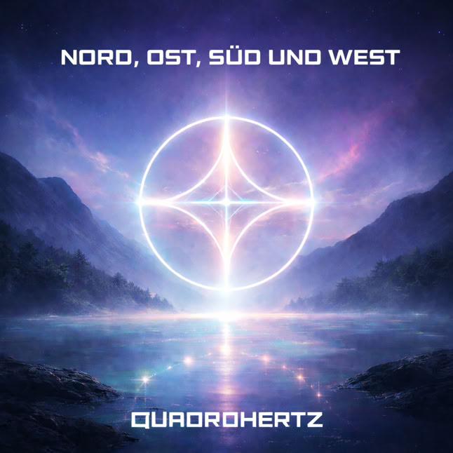 Ein leuchtendes geometrisches Symbol &uuml;ber einer Landschaft mit Bergen und einem See, dar&uuml;ber der Text "Nord, Ost, S&uuml;d und West" und darunter "Quadroherz".