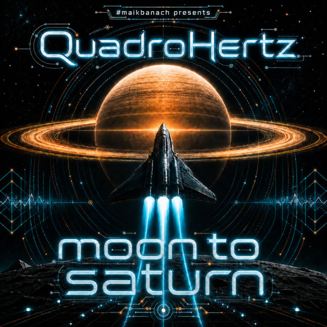 Ein Raumschiff fliegt in Richtung eines Planeten mit Ringen, umgeben von Sternen, mit dem Text "QuadroHertz" und "moon to saturn".