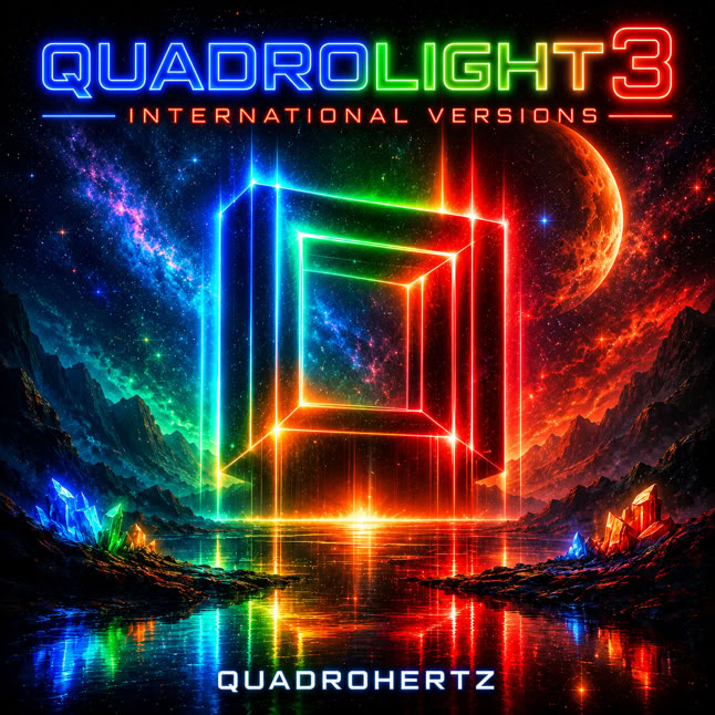 Ein leuchtendes, buntes geometrisches Design mit einem gro&szlig;en, leuchtenden W&uuml;rfel in der Mitte, umgeben von einer futuristischen Landschaft und einem Planeten im Hintergrund. Oben steht "Quadrolight 3 International Versions" und unten "Quadrohertz".