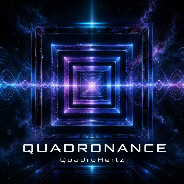 Ein digitales Kunstwerk mit einem leuchtenden, mehrschichtigen Quadrat in der Mitte, umgeben von blauen und violetten Lichteffekten. Darunter steht der Text "QUADRONANCE" und "QuadroHertz".
