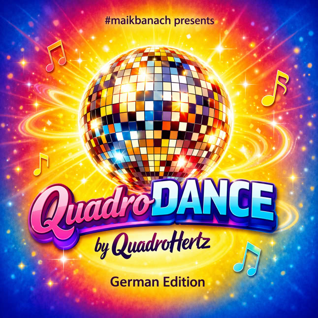Bunt leuchtende Discokugel mit musikalischen Noten und dem Text "Quadro Dance by QuadroHertz, German Edition" auf einem strahlenden Hintergrund.
