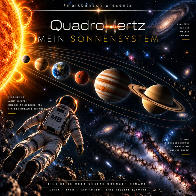 Ein Astronaut im Weltraum schwebt vor einer Darstellung des Sonnensystems mit Planeten und der Sonne im Hintergrund, umgeben von Sternen und Galaxien.