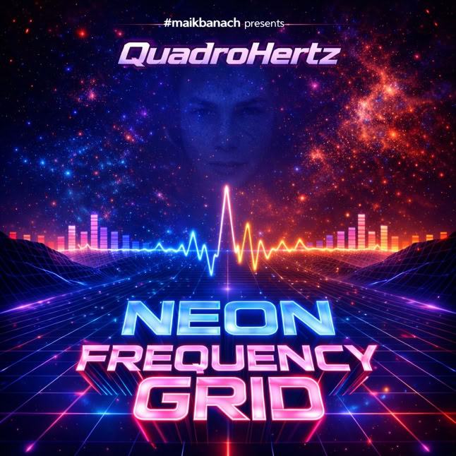 Ein neonfarbenes Frequenzmuster mit dem Text "QuadroHertz" und "Neon Frequency Grid" vor einem kosmischen Hintergrund.