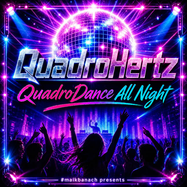 Ein bunt beleuchteter Tanzclub mit einer Menschenmenge, die die Arme hebt, ein DJ auf der B&uuml;hne und der Schriftzug "QuadroHertz QuadroDance All Night" in neonfarbenen Buchstaben.