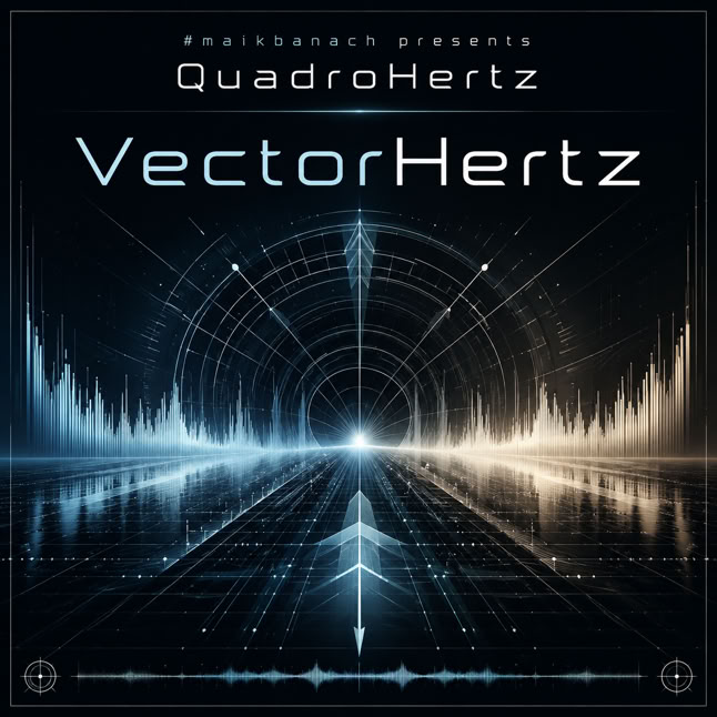 Abstraktes Cover mit symmetrischen, wellenf&ouml;rmigen Linien und einem zentralen Lichtpunkt, dar&uuml;ber der Text "QuadroHertz VectorHertz".