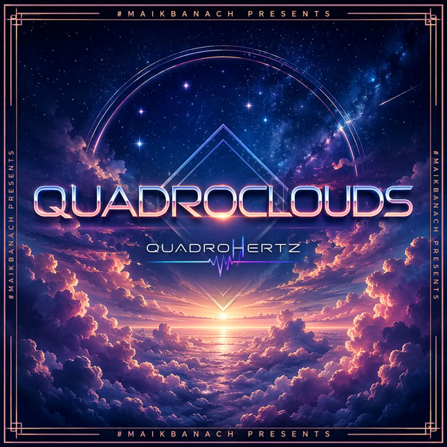 Ein fantasievoller Himmel mit leuchtenden Wolken und einem Sternenhimmel, dar&uuml;ber der Text "Quadroclouds" und "QuadroHertz".