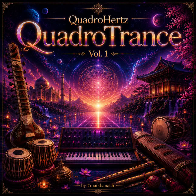 Ein Cover mit Musikinstrumenten wie Sitar, Tabla und Synthesizer vor einem fantasievollen Hintergrund mit Tempeln und einem leuchtenden Himmel. Text: "QuadroHertz QuadroTrance Vol. 1".